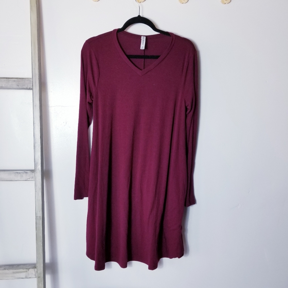 ZENANA PREMIUM BURGUNDY LONG SLEEVE SWING DRESS WITH POCKETS SIZE MEDIUM